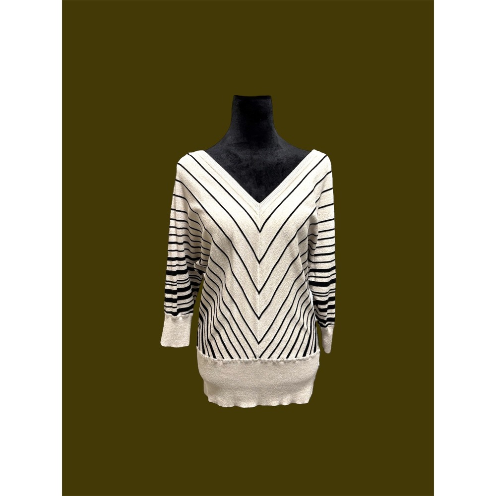 White House Black Market Striped V‎ Neck Metallic Sweater Top